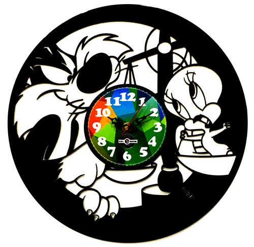 Orologio da Parete con Disco Vinile Lavorato a Mano Silvestro e Titti