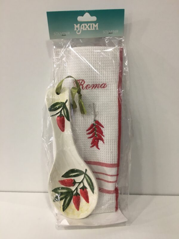 Poggia Mestolo Peperoncino Con Strofinaccio Ricamo Roma