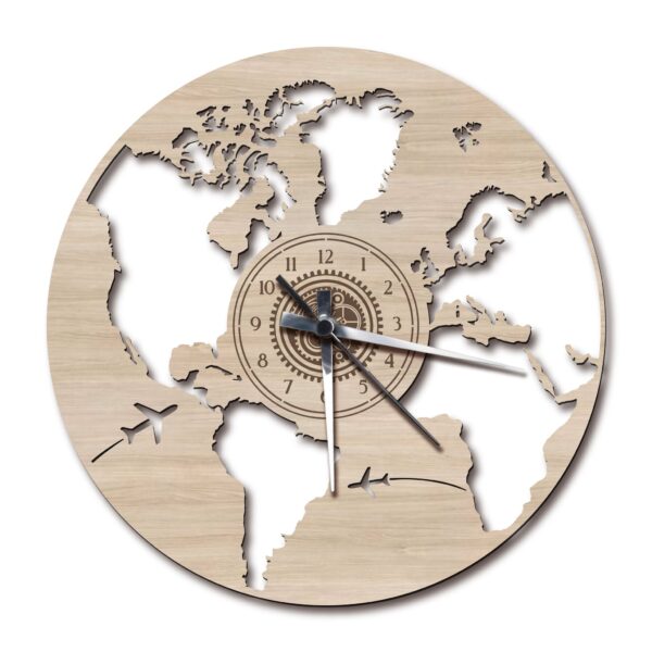 Orologio da Parete con Disco in Legno Lavorato a Mano Mondo Pianeta Terra Planisfero