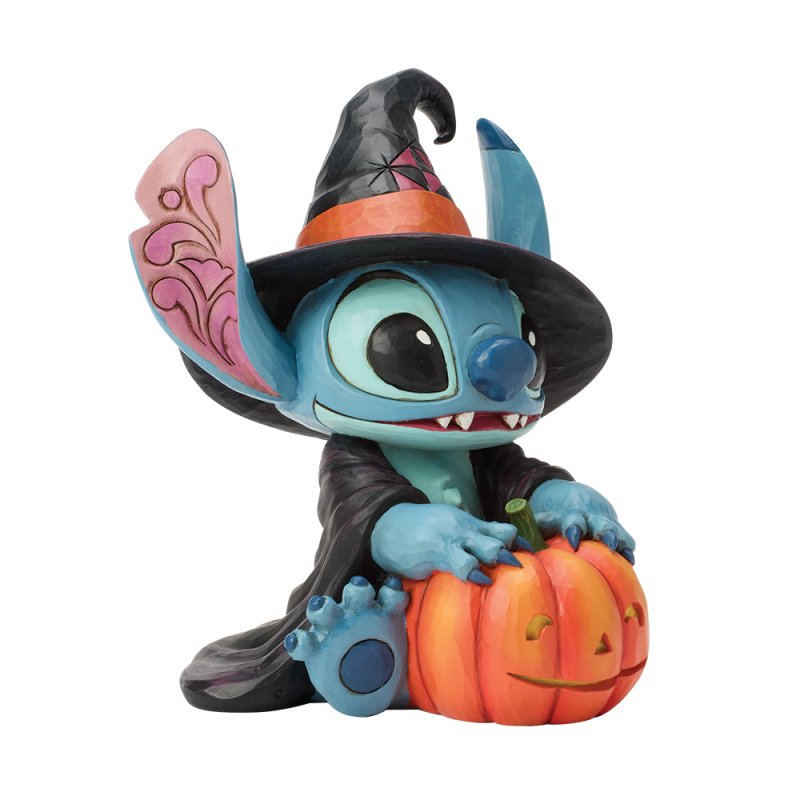 statuetta di stitch strega con zucca intagliata disney traditions