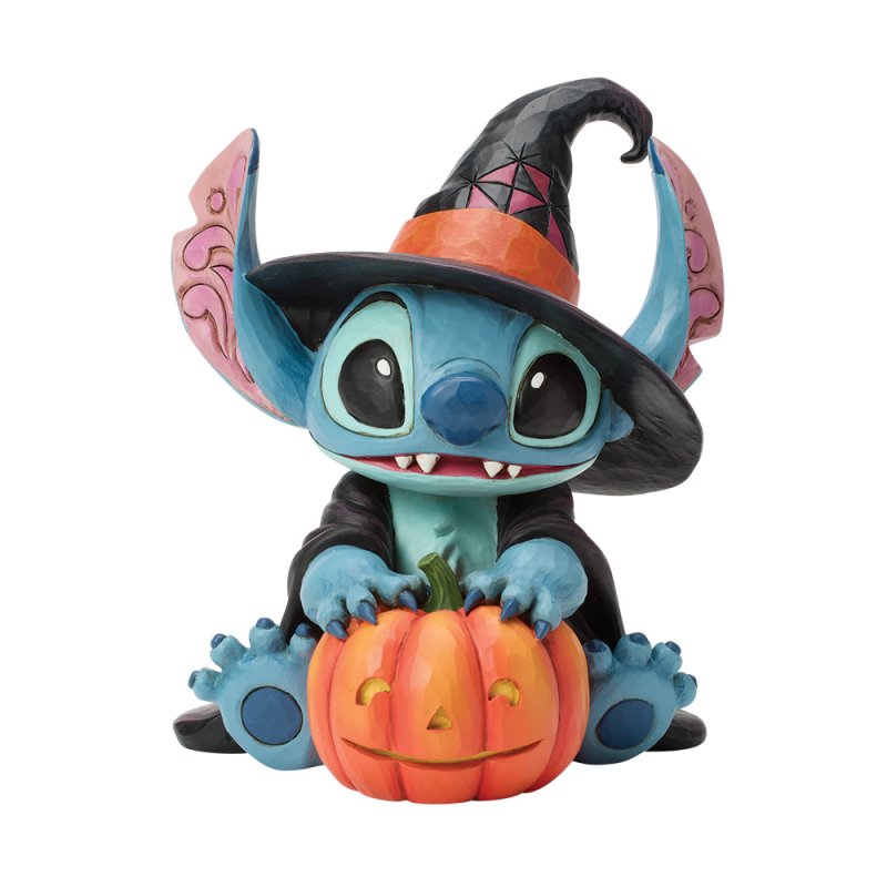 statuetta di stitch strega con zucca intagliata disney traditions